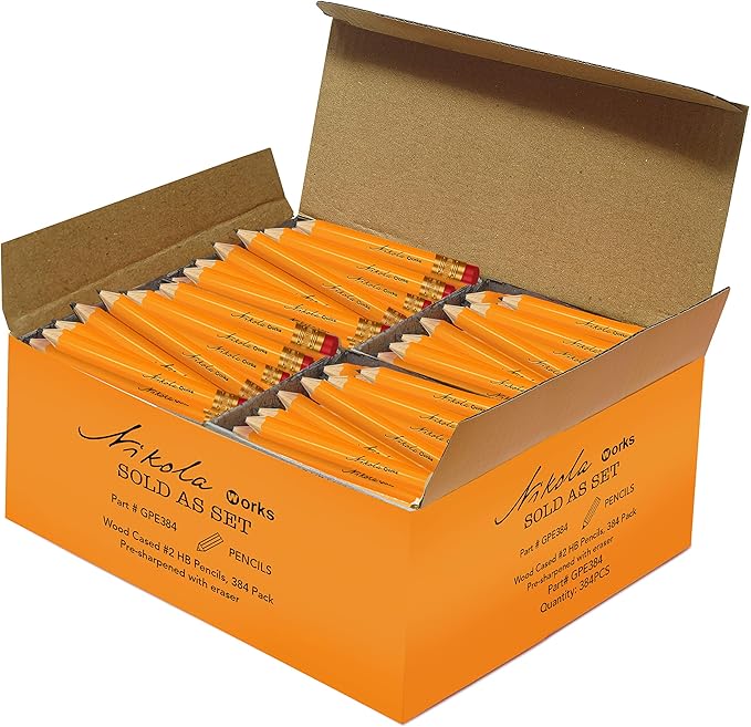 Nikola Works Mini Golf Pencils With Erasers - 384 Count - Classic Pre-Sharpened #2 HB American Pew Pencils Standard Hex Shaped Bulk Pack