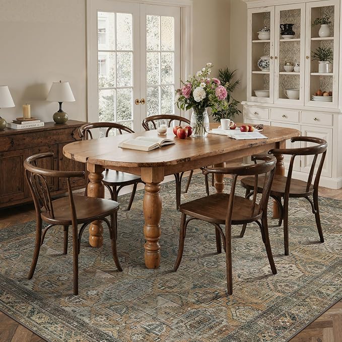 GENIMO 5x7 Area Rugs for Living Room, Machine Washable Non Slip Vintage Rugs, Low Pile Lightweight Chenille Print Rug for Bedroom, Dining Room, Home Office, Warm Taupe