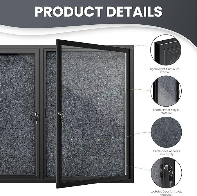 48"x36" Lockable Enclosed Bulletin Board, Outdoor Flet Weather-Resistant Aluminum Frame Notice Board, Wall Mounted Display Case Acrylic Doors for School,Office,Black Frame w/Grey Flet