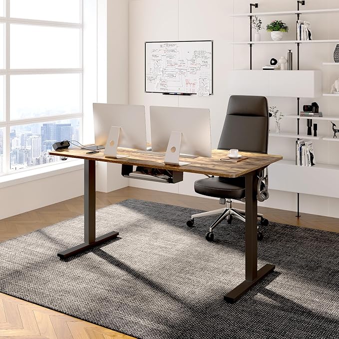 FLEXISPOT EN2 Whole-Piece Standing Desk with Clamp Power Strip, 48 x 30 Electric Stand Up Height Adjustable Desk with Cable Management (Black Frame + 48" Rustic Brown Desktop, 2 Packages)