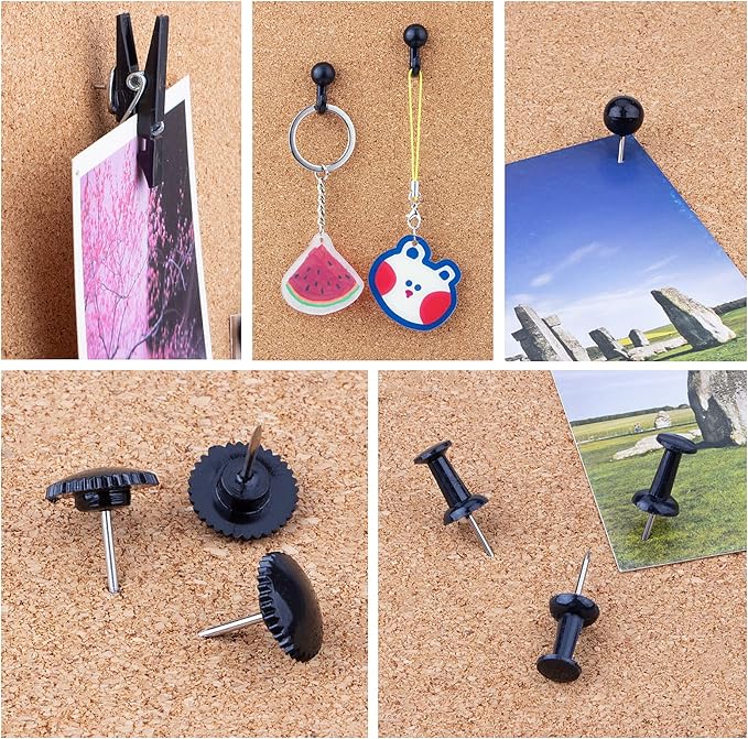 Black Push Pins Set, 5 Styles 140-count Thumb Tacks Map Pins, Steel Point and Dark Plastic Head Pushpins Black Thumbtacks for Cork Board Bulletin Boards (Black-140pcs)