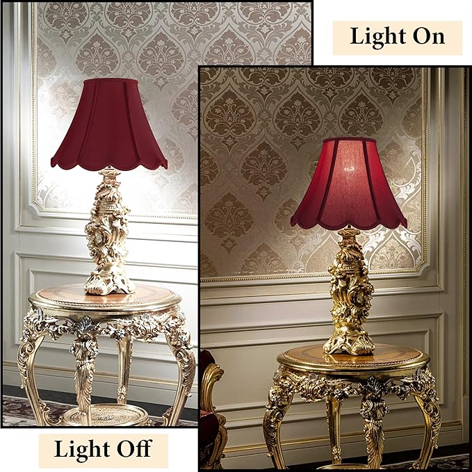 GOSO Scallop Burgundy Lamp Shades Set of 2 Medium Red, Bell Lamp Shade for Table Lamp,Floor Lamps Replac Braids with Petal Edges, 6×13×9.8 Inch Spider Easy Assembly Art Decor Shades for Bedroom