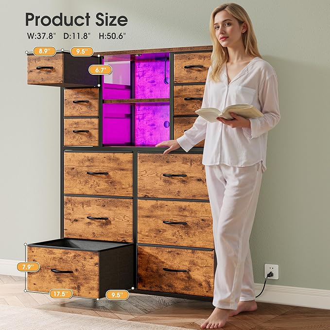 EnHomee Dresser for Bedroom with Fabric Dresser, Charging Station & LED Light, Large Chest of Drawers for Living Room, Entryway, Metal Frame, Rustic Brown, 50.6" H x 37.8" W x 11.8" D