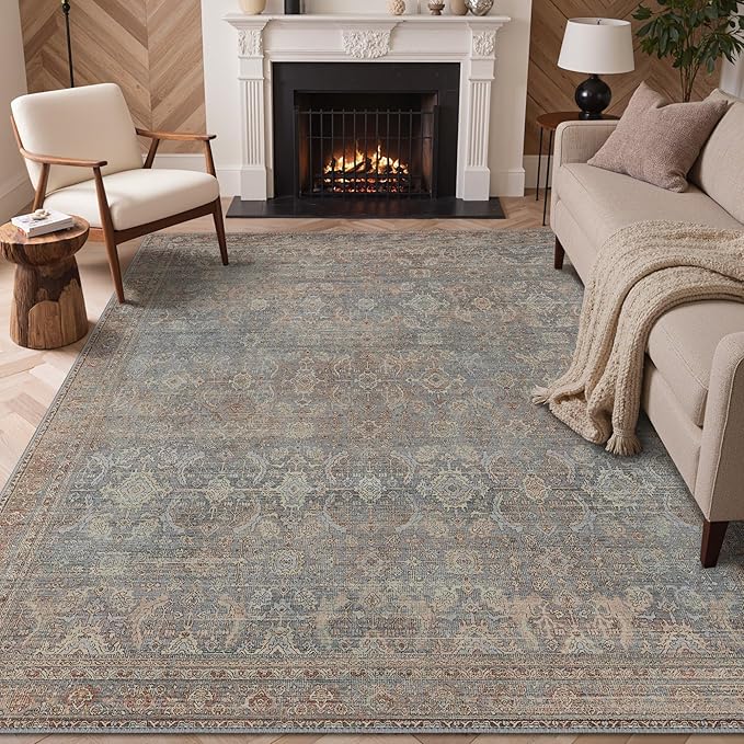 GENIMO 9x12 Area Rugs for Living Room, Machine Washable Non Slip Vintage Rugs, Low Pile Lightweight Chenille Print Rug for Bedroom, Dining Room, Home Office, Grayish Blue