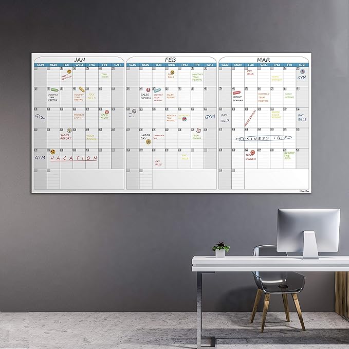 CLEVER CLEAN Large Dry Erase Wall Calendar - 36"x72" Undated 3-Month Calendar for Home, School, Office Projects - Jumbo Reusable Task Organizer