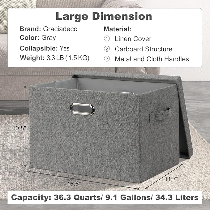 Graciadeco Large 17" 36 Quart Collapsible Stackable Storage Bins with Lids, 3 Packs Grey Linen Fabric Closet Boxes with Lids, Storage Cube Baskets Container Organizers for Bedroom Office(17 x12 x11)