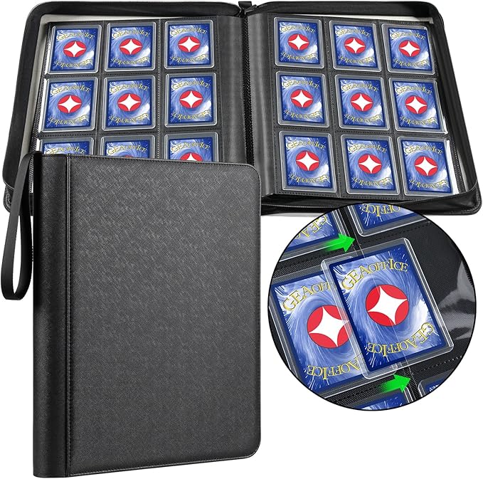 GEAoffice 9 Pockets Top Loader Binder for 324 Cards, Premium PU Leather Side Loading Trading Card Binder for Toploader, Ringless Card Collection Album Holder for 3"×4" Rigid, Black
