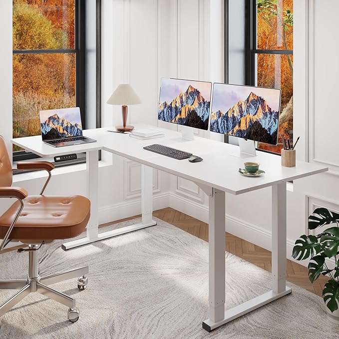 SANODESK 4-Leg L Shaped Standing Desk, Electric Height Adjustable Desk with Memory Presets for Home Office, Stand up Desk Computer Workstation, 78x43 Inches White