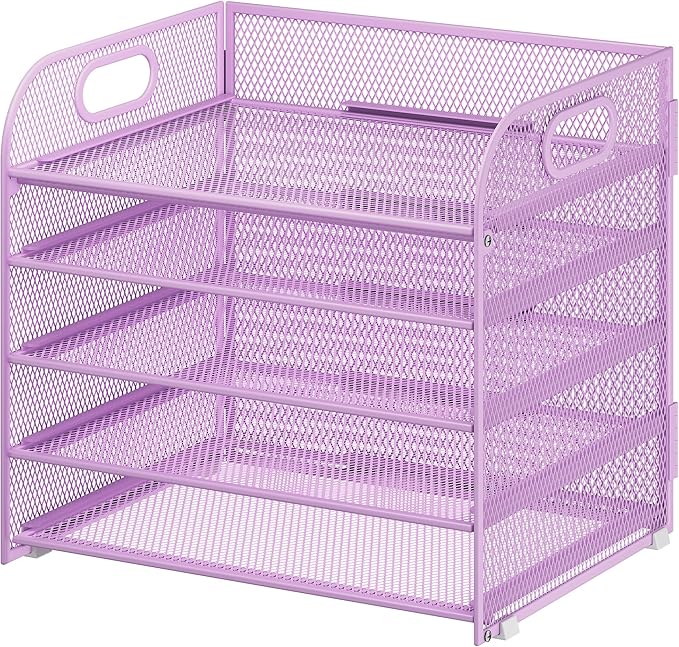 Cawukege 5 Tier Paper Organizer with Handle, Metal Mesh Desk Organizer File Folder Paper Letter Tray Desktop Document Sorter for Classroom, School, Office Accessories Organization and Storage - Purple