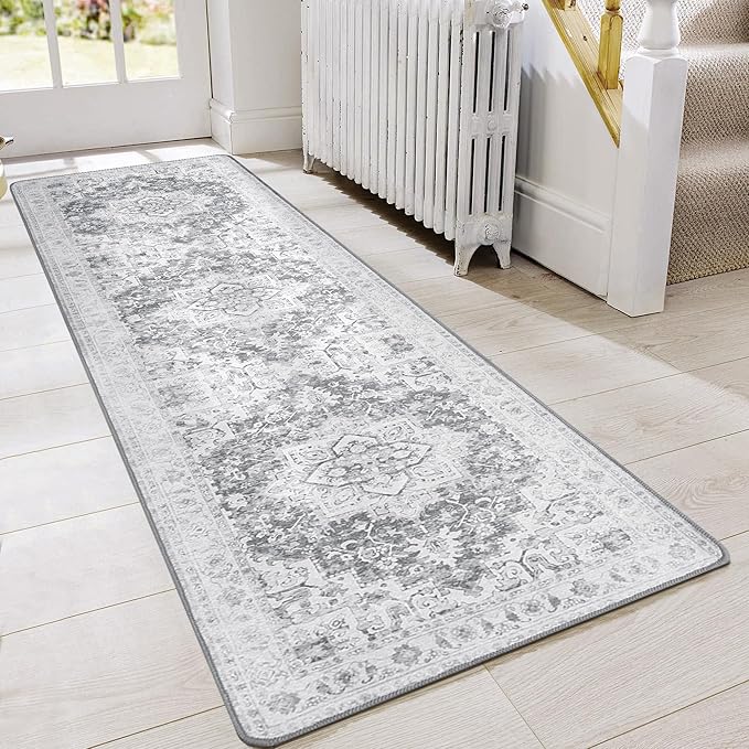 GENIMO 2x10 Runner Rugs for Hallway, Machine Washable Non Slip Vintage Rugs, Low Pile Lightweight Soft Print Rug for enrtyway, Corridor, Home, Office, Kitchen, Gray