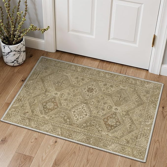 GENIMO Area Rug 2x3 Doormat, Machine Washable Low Pile Rugs, Small Retro Entryway Mat for Entrance, Hallway, Kitchen and Corridor, Tan Brown