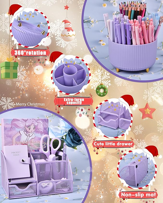 LXEVIHK 21Pcs Purple Desk Organizers and Accessories With Mesh Desk Organizer and 360°Rotating Pen Holder and a Lot of Office Purple Office Supplies Beautifully Presented in a Gift Box