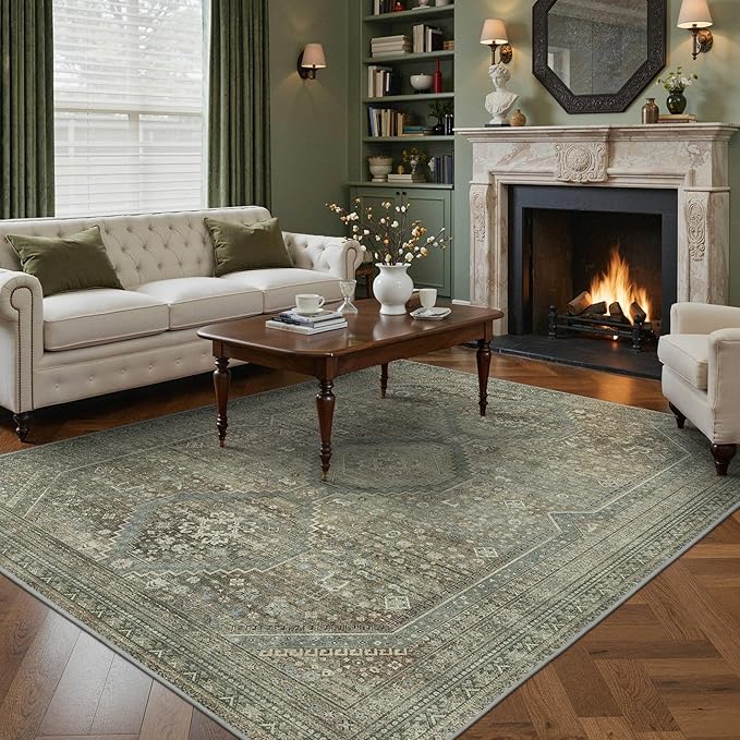GENIMO 9x12 Area Rugs for Living Room, Machine Washable Non Slip Rugs, Low Pile Lightweight Vintage Print Rug for Bedroom, Dining Room, Home Office, Sage/Blue