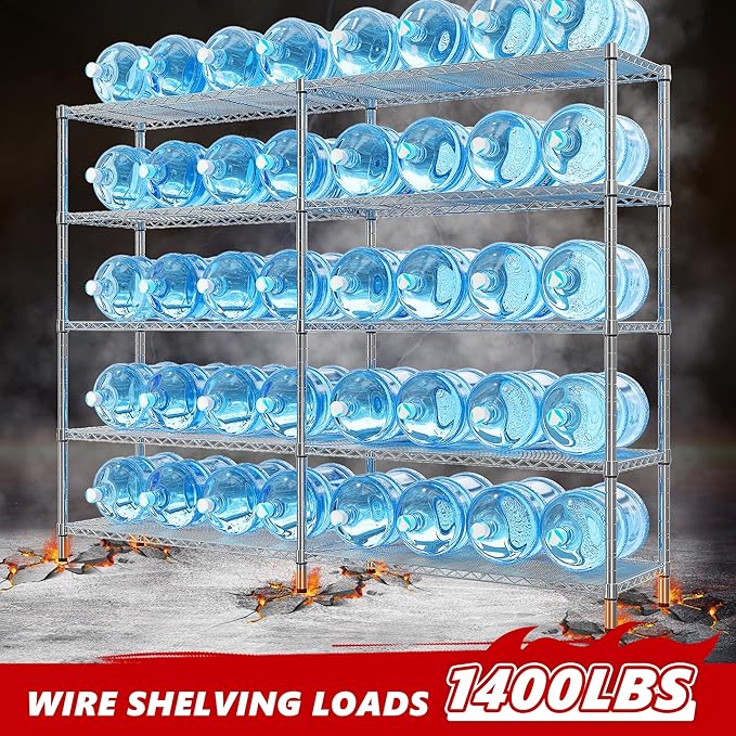 REIBII 58" W Storage Shelves Wire Shelving 1400LB Metal Shelves for 5 Tier Shelving Unit with Shelf Adjustable Garage Shelving Rack for Pantry Kitchen Garage, 58" W x 59" H x 13.8" D, Chrome