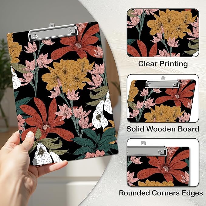 APIILVPQ Boho Clipboard，Floral Clipboards with Low Profile Clip for Office School Use, Botanical Wooden Clip Boards for Nurses Teachers Students - A01