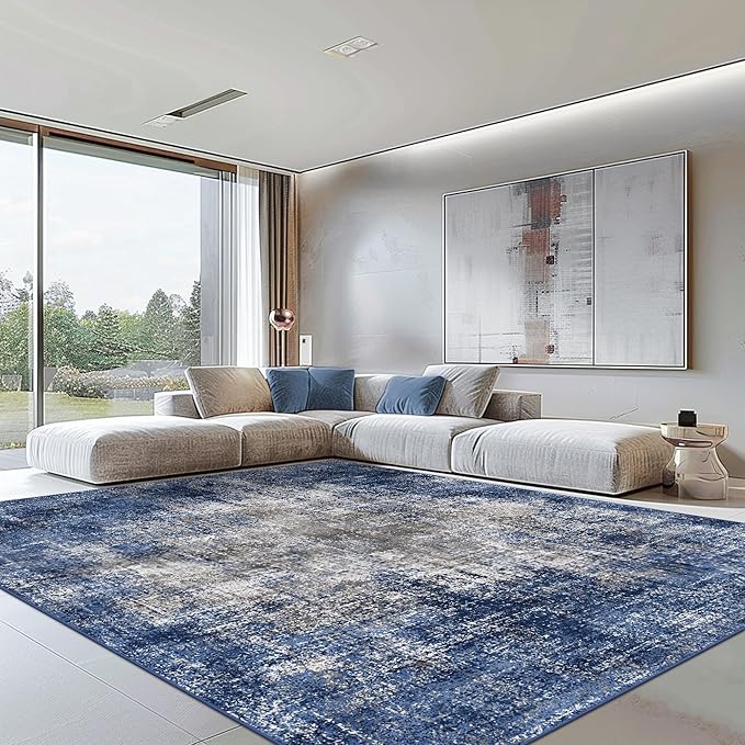 GENIMO Washable Area Rugs for Living Room, 9x12 Modern Non Slip Rugs, Low Pile Lightweight Soft Print Rug for Bedroom, Dining Room, Home Office, Washed Blue&Gray
