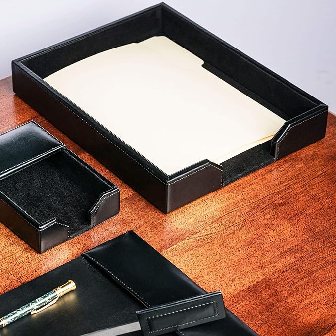 Dacasso Bonded Leather Desktop Tray Luxury Letter Holder & Paper Organizer for Desk, 13.5in x 10.5in x 2.13in, Black
