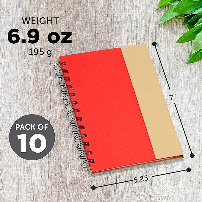 DISCOUNT PROMOS Eco Friendly Spiral Notebooks with Pens Set of 10, Bulk Pack - Perfect for School, Office, Home - Red