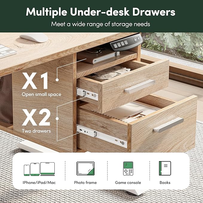 FEZIBO Electric Standing Desk 48 x 24 Inch with Monitor Shelf, 3 Drawers and Open Storage, Home Office Computer Workstation, Maple, 2 Packages