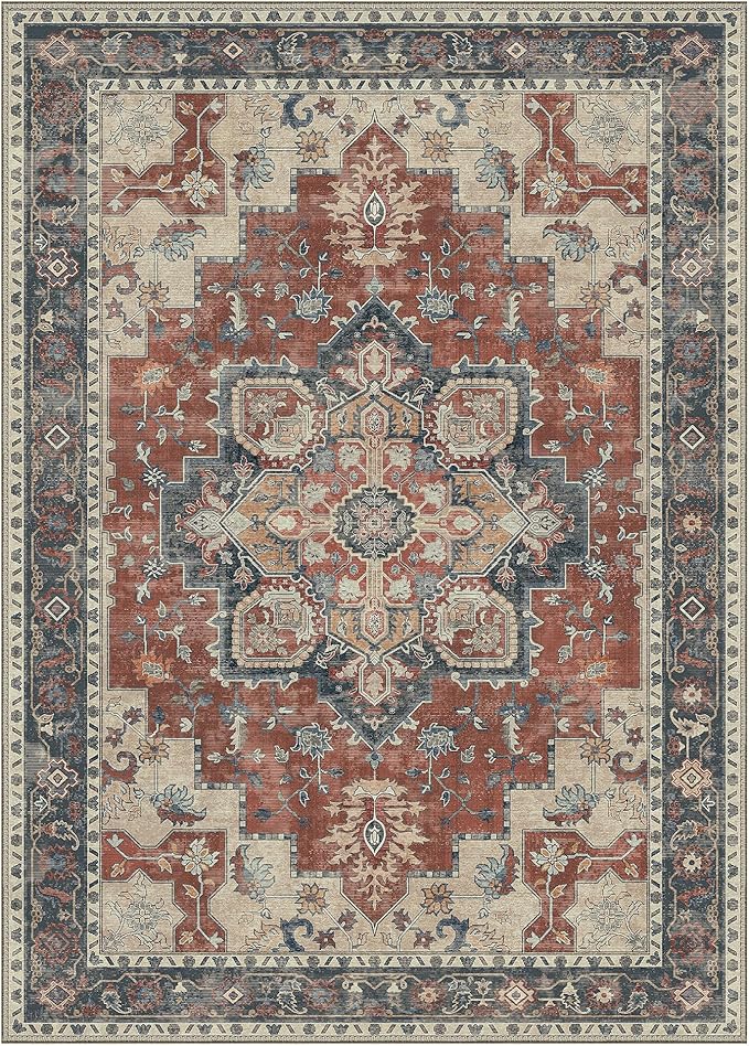 GENIMO 8x10 Area Rugs for Living Room, Machine Washable Non Slip Vintage Rugs, Low Pile Lightweight Chenille Print Rug for Bedroom, Dining Room, Home Office,Bordeaux