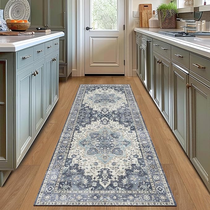 GENIMO 2'6"x10 Runner Rugs for Hallway, Machine Washable Non Slip Vintage Rugs, Low Pile Lightweight Soft Print Rug for enrtyway, Corridor, Home Office, Kitchen, Center Blue