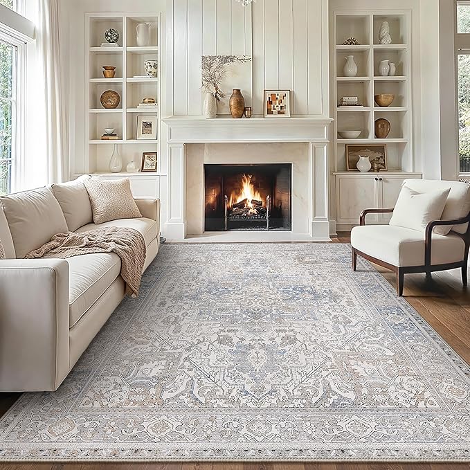 GENIMO 8x10 Area Rugs for Living Room, Machine Washable Non Slip Vintage Retro Rugs, Low Pile Lightweight Thin Print Rug for Bedroom, Dining Room, Home Office, Khaki Blue