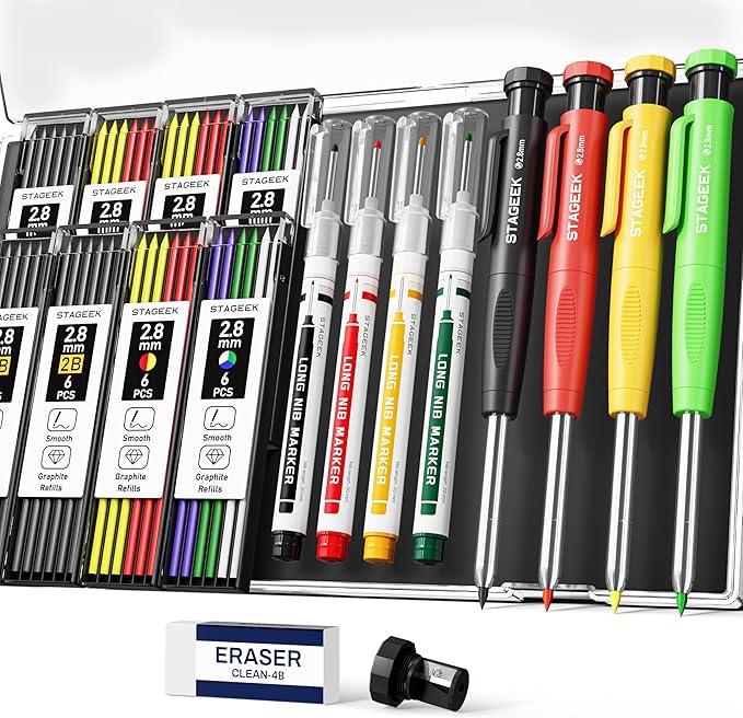STAGEEK 4PCS Carpenter Pencils with Sharpener, Heavy Duty Woodworking Pencils, Mechanical Carpenter Pencil with 52 Refills, Deep Hole Long Nib Marker Pens for Architect Construction Marking with Case