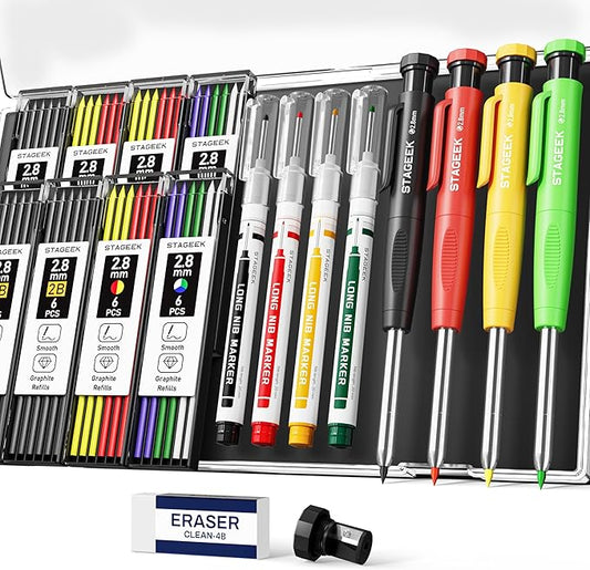 STAGEEK 4PCS Carpenter Pencils with Sharpener, Heavy Duty Woodworking Pencils, Mechanical Carpenter Pencil with 52 Refills, Deep Hole Long Nib Marker Pens for Architect Construction Marking with Case