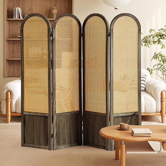 Asnefeli 4 Panel Room Divider Wall, Folding Privacy Screen, Foldable Wood Divider Room Dec, Rattan Room Divider, Portable Partition Screen, Wall Divider for Room Separation Home Office (Brown)