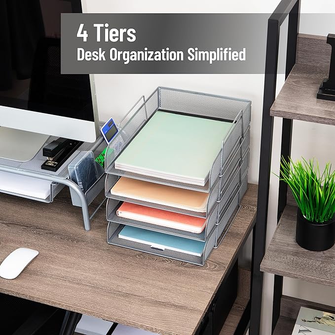 Mind Reader Stackable Paper Tray, Desktop Organizer, File Storage, Office, Metal Mesh, 10.5" L x 13.5" W x 11.25" H, 4 Pcs., Silver