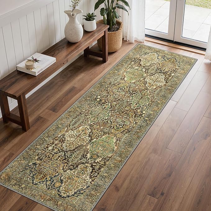 GENIMO Runner Rug 2x7 Machine Washable Non Slip Vintage Hallway Runner Rug, Low Pile Lightweight Rugs for Entryway, Hallway, Kitchen and Corridor, Bronze Olive