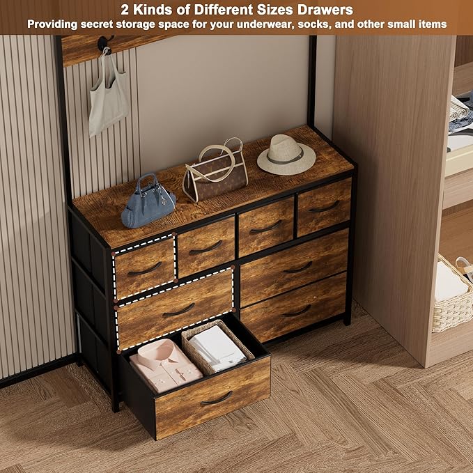 YKVIQBY 8 Drawer Dresser with 6 Double Hooks, 68.9" Tall Closet Organizer and Storage, Fabric Dresser for Bedroom, Nursery, Closet, Space-Saving Freestanding Storage Cabinet (Rustic Brown)