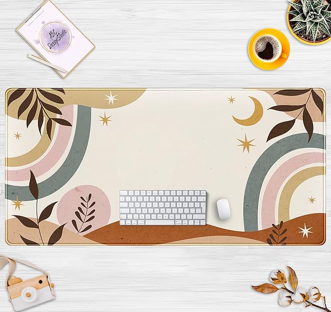 Boho Desk Mat, Abstract Retro Plant Large Mouse Pad, XXL Gaming Large Mousepad 31.5x15.7 in, Brown Grey Boho Aesthetic Desk Pad for Women Office Decor Laptop Keyboard Mouse Mat