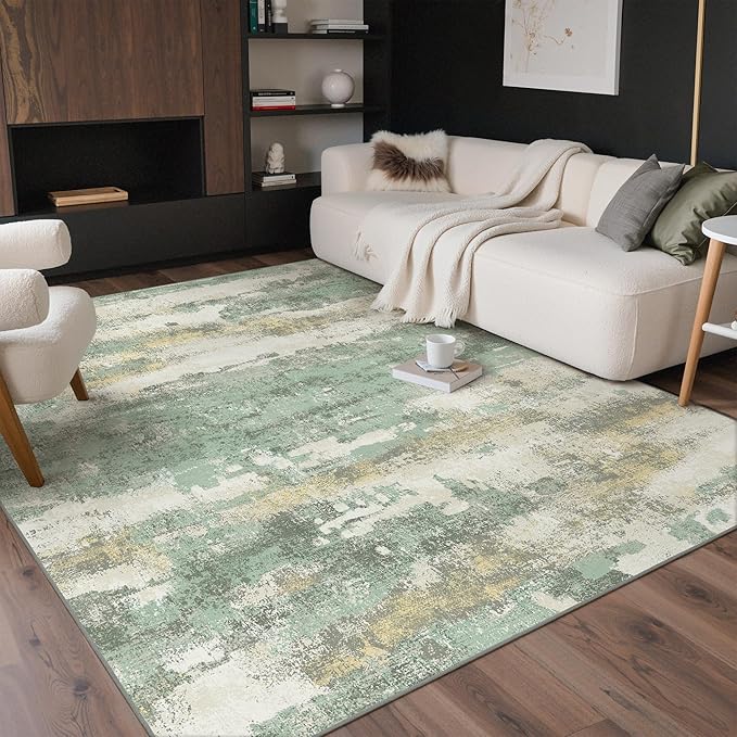 GENIMO No Crease Non Slip 9x12 Area Rugs for Living Room, Craft Woven Modern Abstract Rug, Soft Floor Carpet, Single-Piece Rugs for Bedroom, Dining Room, Office,Green Gray