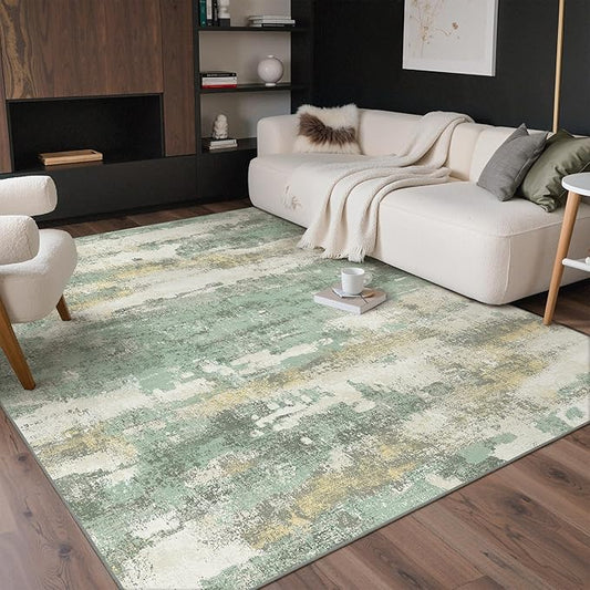 GENIMO No Crease Non Slip 9x12 Area Rugs for Living Room, Craft Woven Modern Abstract Rug, Soft Floor Carpet, Single-Piece Rugs for Bedroom, Dining Room, Office,Green Gray