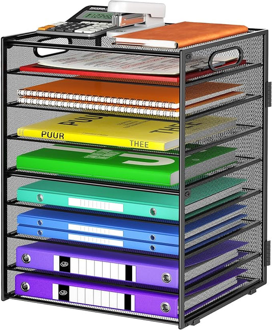 Cawukege 9 Tier Paper Organizer with Handle, Large Capacity Desk Organizer Mesh File Folder Letter Paper Tray Desktop Document Sorter for Classroom, School, and Office Accessories Organization- Black