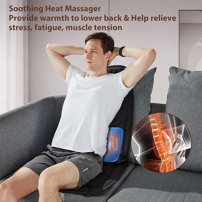 comrelax Back Massager with Heat, Massage Seat Cushion with 3D Lumbar Support, 8 Vibrating Motors Massager Chair Pad for Full Body Pain Relief, Ideal Gift for Christmas/Lover/Parents/Friends