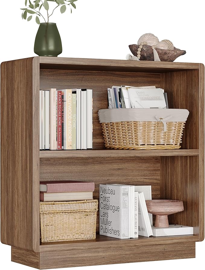 ChooChoo 2-Tier Bookcase, Small Wooden Bookshelf, Farmhouse Bookshelf with Open Storage, Short Bookcase for Bedroom and Home Office, Brown Walnut