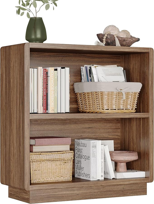 ChooChoo 2-Tier Bookcase, Small Wooden Bookshelf, Farmhouse Bookshelf with Open Storage, Short Bookcase for Bedroom and Home Office, Brown Walnut
