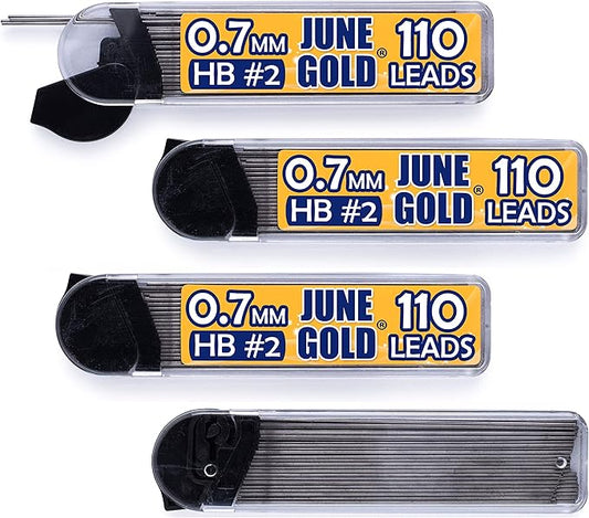 June Gold 440 Pieces, 0.7 mm HB #2 Lead Refills, 110 Pieces Per Dispenser, Medium Thickness, Break Resistant Lead/Graphite (Pack of 4 Dispensers)