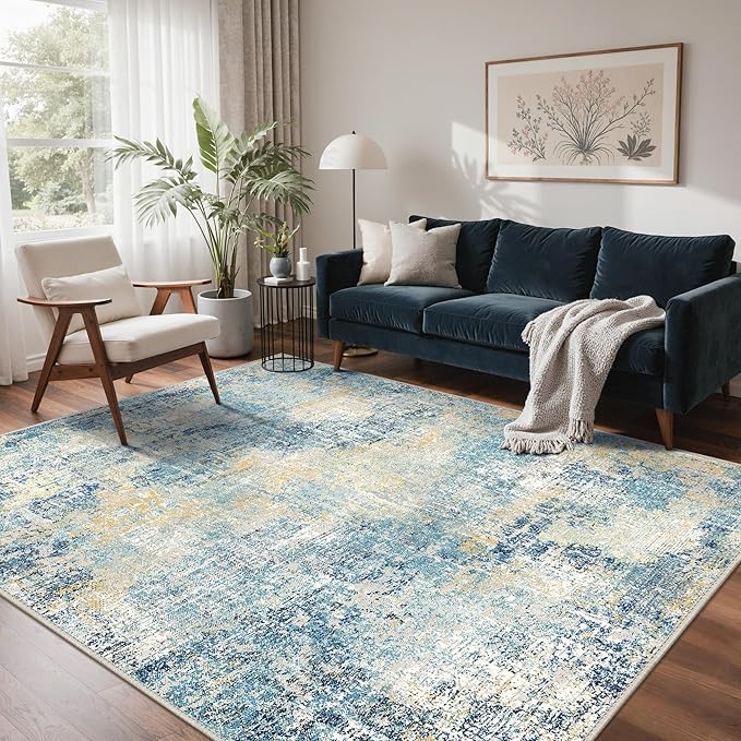 GENIMO Washable Area Rugs for Living Room, 8x10 Modern Non Slip Rugs, Low Pile Lightweight Soft Print Rug for Bedroom, Dining Room, Home Office, Washed Orange Blue