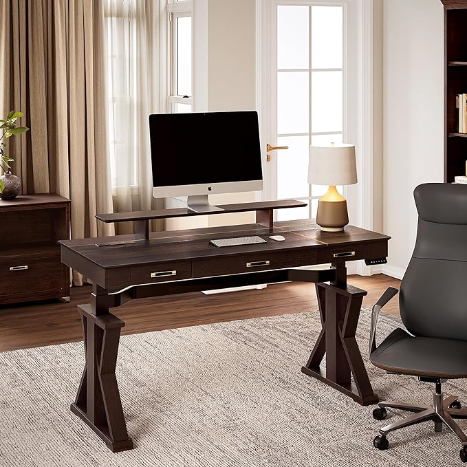 EUREKA ERGONOMIC Ark SWS Standing Desk, 63 inch Executive Desk w Drawers,Modern X-Shaped Leg Luxury Home Office Computer Desk w Monitor Stand,Colorblock Smoked Oak