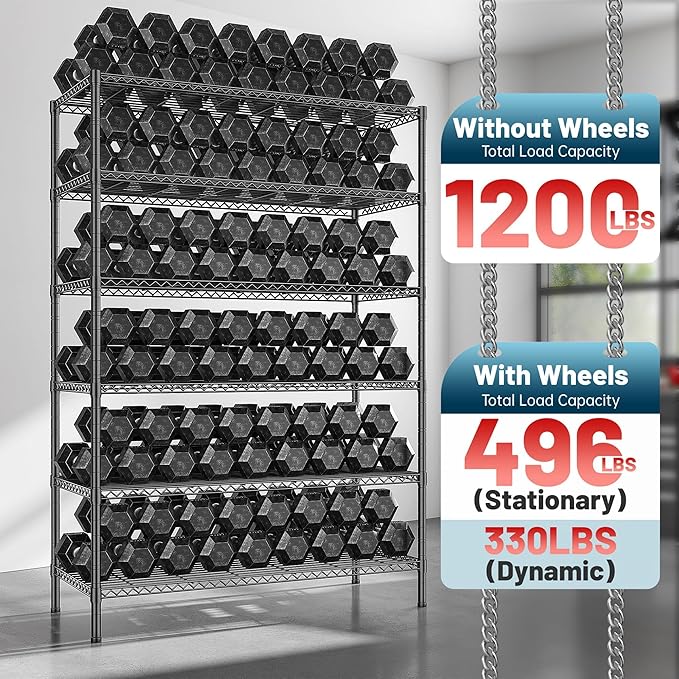 Romorgniz 82" H X45 W X18 D Storage Shelves with Wheels, 6 Tier Wire Shelving Adjustable Metal Shelving Pantry Shelves Capacity 1200LBS for Garage Shelving, Pantry, Kitchen, Closet, Black,2P