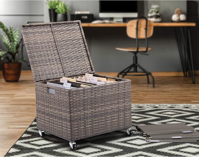 BIRDROCK HOME Rolling File Box - Storage Cabinet with Wheels - Weatherproof Rattan-Style Resin Deck Chest for Garden, Home and Office - Organize Cushions, Toys, and Accessories - Storage Box - Tan
