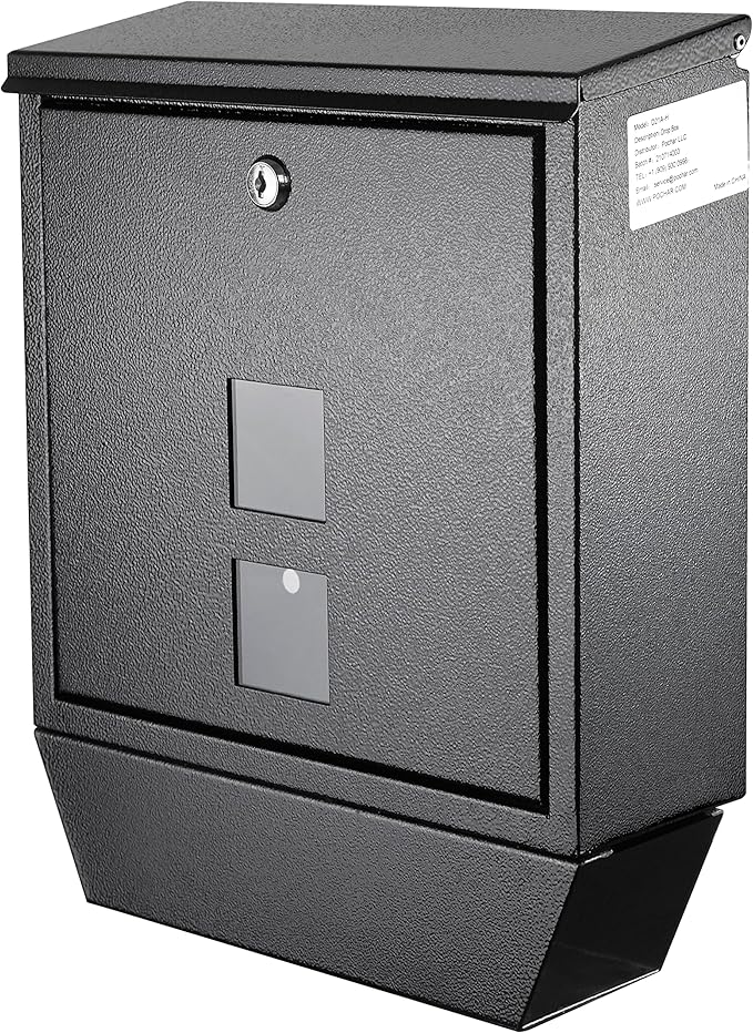 POCHAR Wall Mount Mailbox with Lock - Rainproof Galvanized Steel Locking Mailbox for Outside with Newspaper Compartment - Modern Mail Box for Residential or Commercial Use, Black
