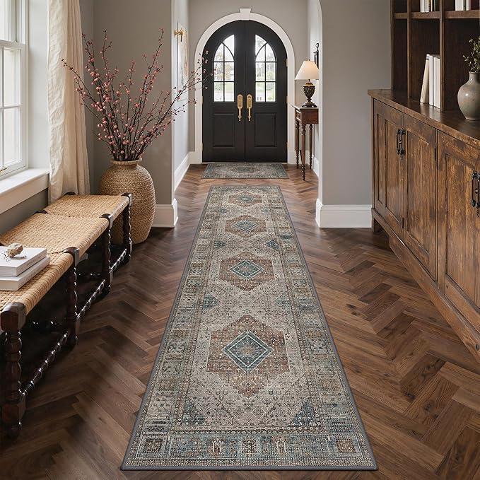 GENIMO Runner Rug 2x10 Non Slip Machine Washable Hallway Runner Rug, Low Pile Lightweight Vintage Rugs for Entryway, Hallway, Kitchen and Corridor, Geometry Sepia/Blue