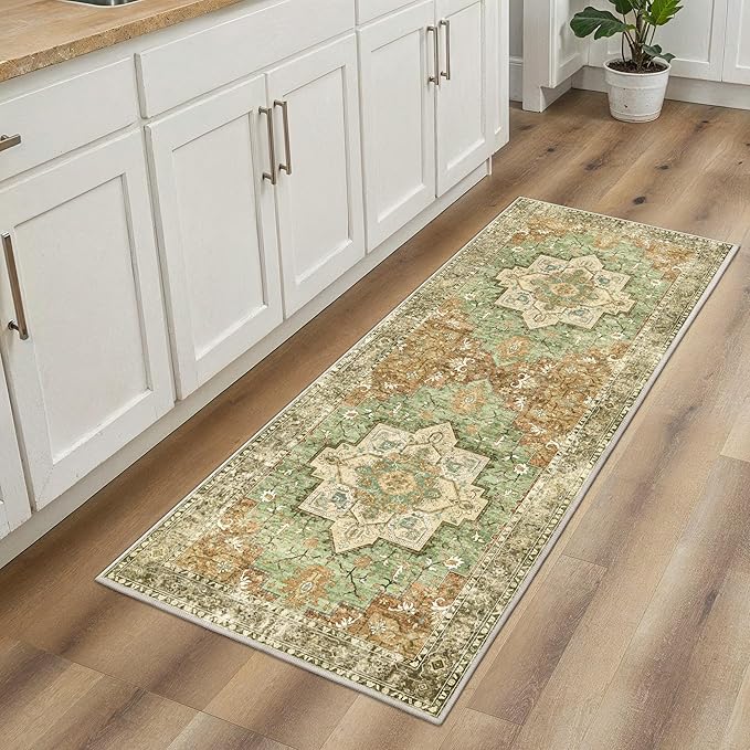 GENIMO 2'6"x6 Runner Rugs for Hallway, Machine Washable Non Slip Vintage Rugs, Low Pile Lightweight Soft Print Rug for enrtyway, Corridor, Home, Office, Kitchen, Muted Green Brown