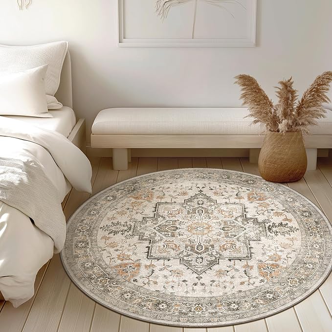 GENIMO 6FT Round Area Rugs for Living Room, Circle Rugs Machine Washable Low Pile, Chenille Non Slip Vintage Rug for Bedroom, Dining Room, Home Office, Light Taupe Brown