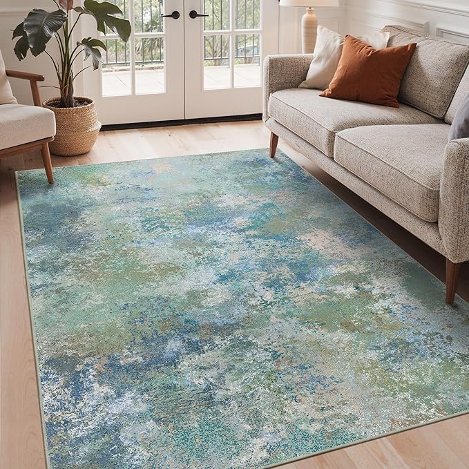 GENIMO Washable Rugs 5x7 Area Rugs for Living Room Bedroom, Modern Lightweight Rug Ultra Soft Indoor Area Rugs 5x7 for Dining Room, Low Pile Carpet with Non Slip Backing, Blue Green
