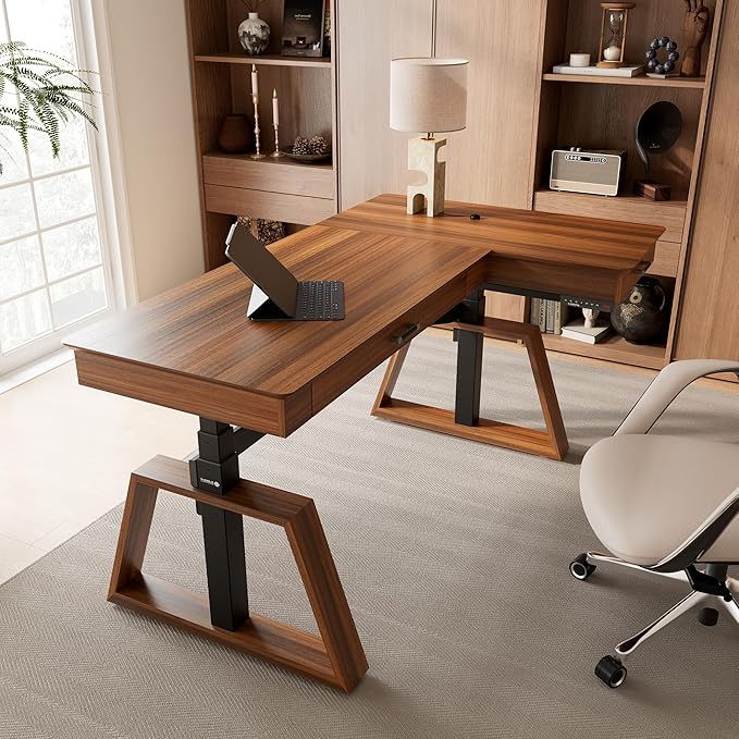 EUREKA ERGONOMIC Electric Standing Desk with Dual Drawers,63 Inches Height Adjustable L-Shaped Office Desk,Sit Stand desk Ergonomic Executive Desk Computer Workstations with Monitor Stand,Right/Walnut